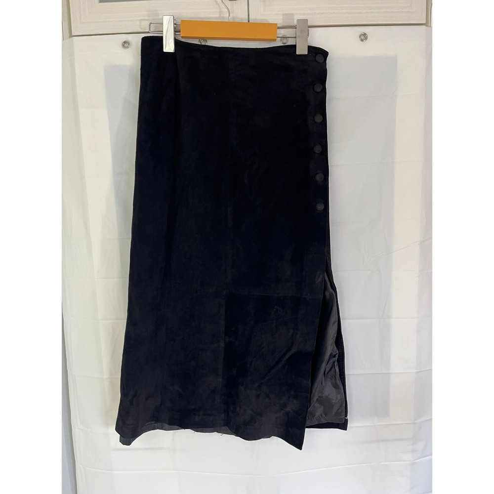 B.B. Dakota Black Suede Leather Midi Skirt Button Side Slit Vintage Size 9/10